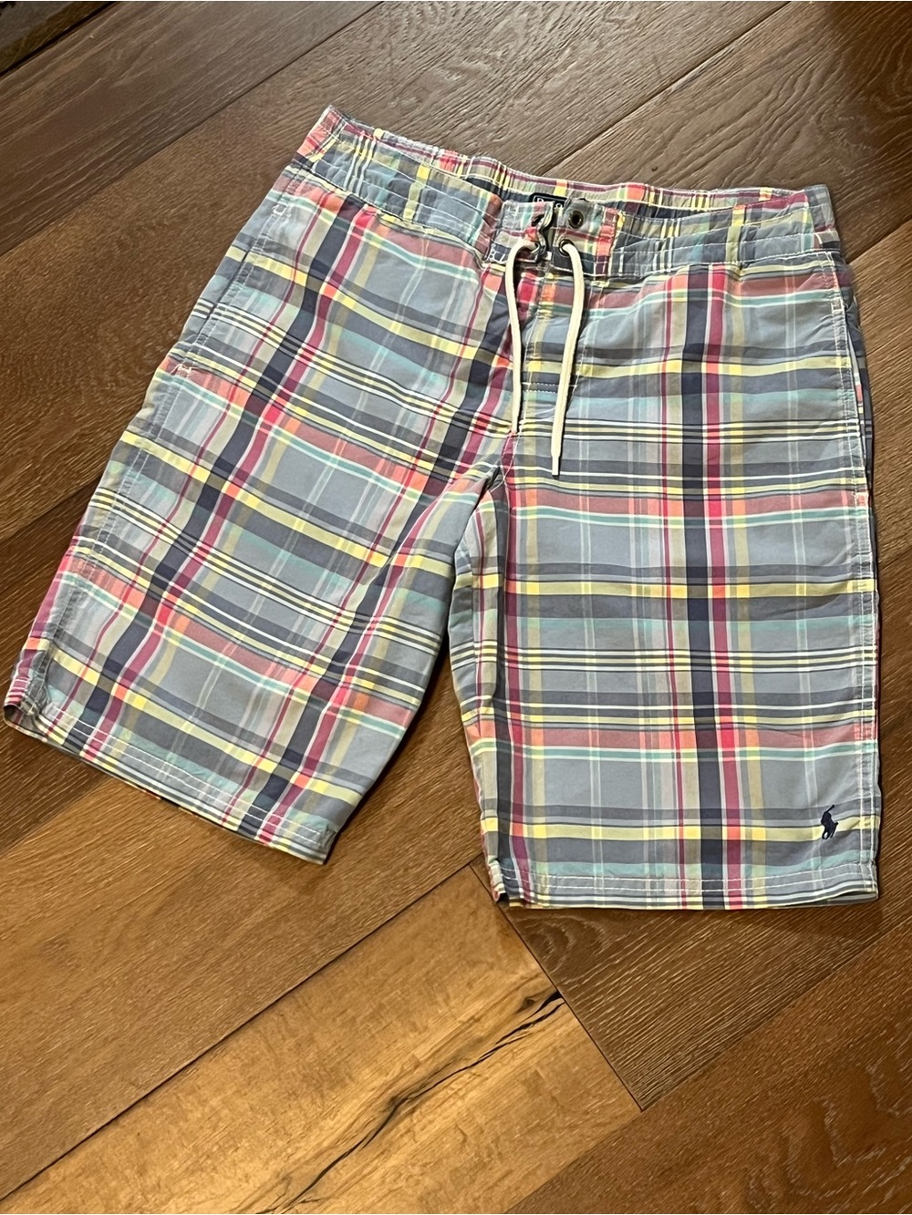 Polo Ralph Lauren Boys Swim Shorts.  Light Blue Pink Yellow Plaid. Size 14-16.